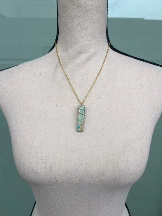 Blue Rectangular Stone Pendant Necklace with Gold Wire Wrap - Picture 2 of 3